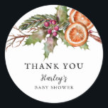 Helgdag Baby Shower Gender Neutral Favoriter Runt Klistermärke<br><div class="desc">Rustik julnöjesdusch ger en dekal med vattenfärgad illustration av botaniska vinter,  inklusive mistletoe,  gräs träd gren,  bär,  orange osv. Genusneutral utformning.</div>