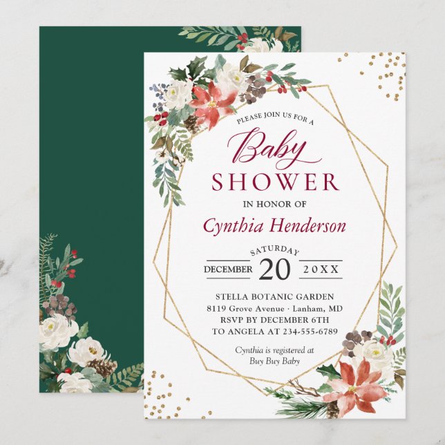 Helgdag Baby Shower Julafton Poinsettia Blommigt G Inbjudningar (Fram/baksida)