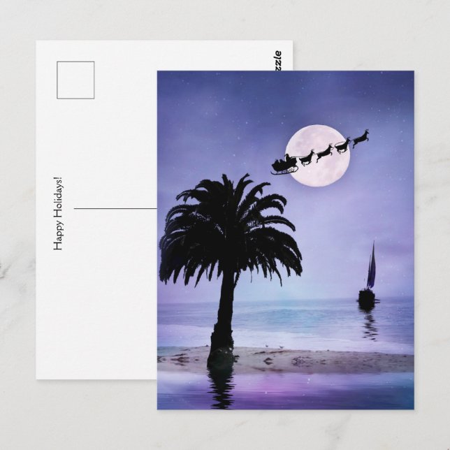 Helgdag Beach Sailboat-båten med Santa Vykort (Fram/baksida)