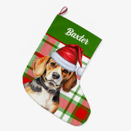 Helgdag Beagle Red Grönt Plade med Hund Namn Stor Julstrumpa
