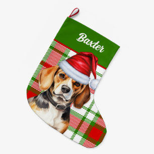 Helgdag Beagle Red Grönt Plade med Hund Namn Stor Julstrumpa