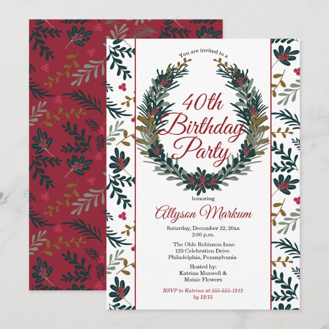 Helgdag Berries| Gräs andedräkt 40 födelsedagar Pa Inbjudningar (Fram/baksida)