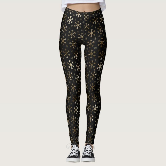 Helgdag Black & Guld Metall Snöflingor Leggings (Framsida)