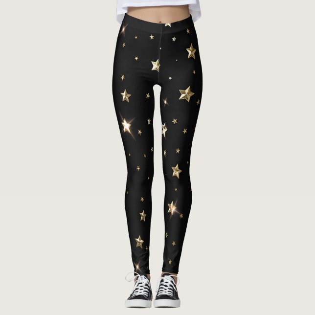 Helgdag Black och Guld Faux Metall julstjärnor Leggings (Framsida)