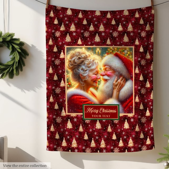 Helgdag Blanket Mysigt Burgundy Guld jultomten Fleecefilt (Holiday Blanket Cozy Burgundy Gold Christmas Santa Design)