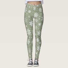 Helgdag Blek Grönt och vitt Snöflingor Leggings