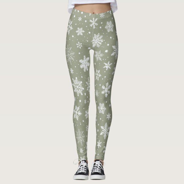 Helgdag Blek Grönt och vitt Snöflingor Leggings (Framsida)