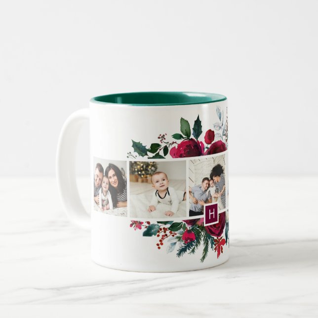 Helgdag Blommigt 5 Photo Collage Monogram jul Två-Tonad Mugg (Framsida vänster)