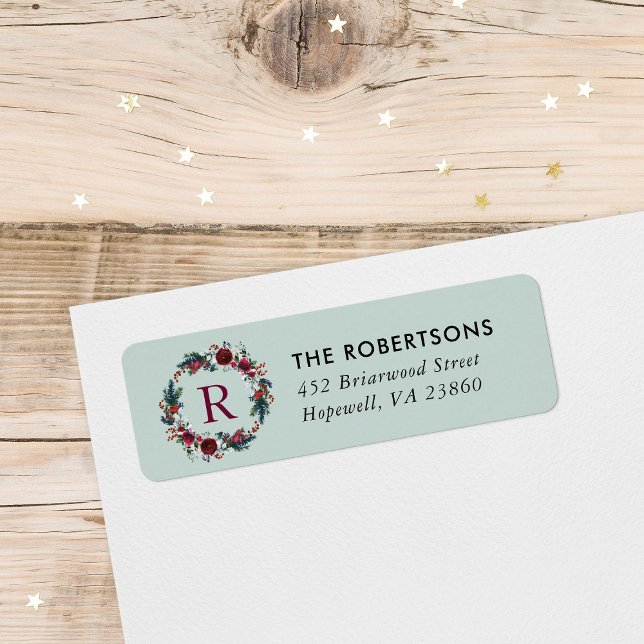 Helgdag Blommigt: Julkrans Monogram Adress Returadress Etikett (Skapare uppladdad)