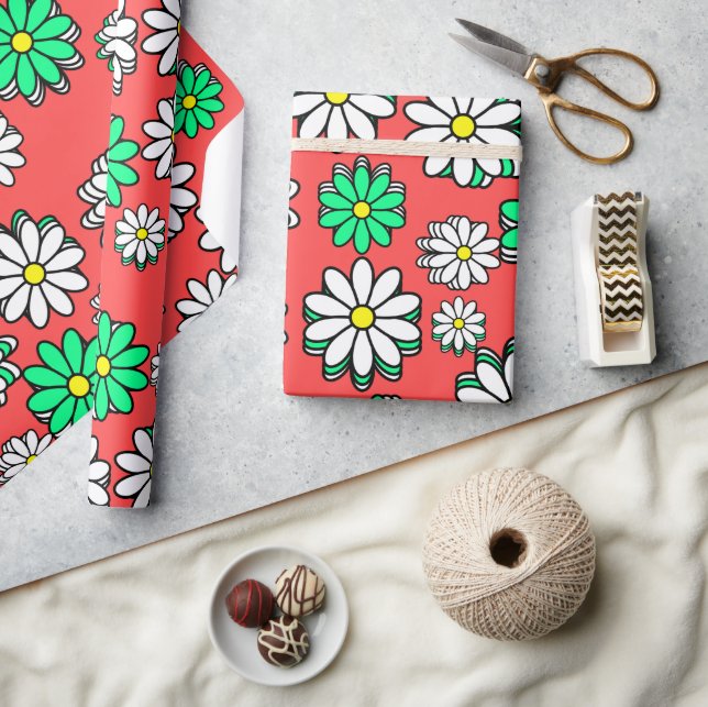 Helgdag Bloom: Festive Red & Grönt Daisy Cheer Presentpapper (Hantverk)