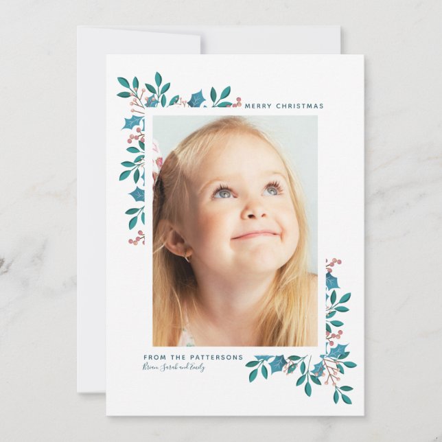 Helgdag Bloom God jul | Blå Grönt Julkort (Framsida)