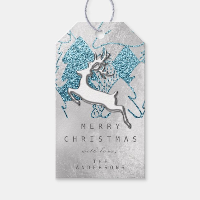 Helgdag Blue Grått julrenar 3D Presentetikett (Framsidan)