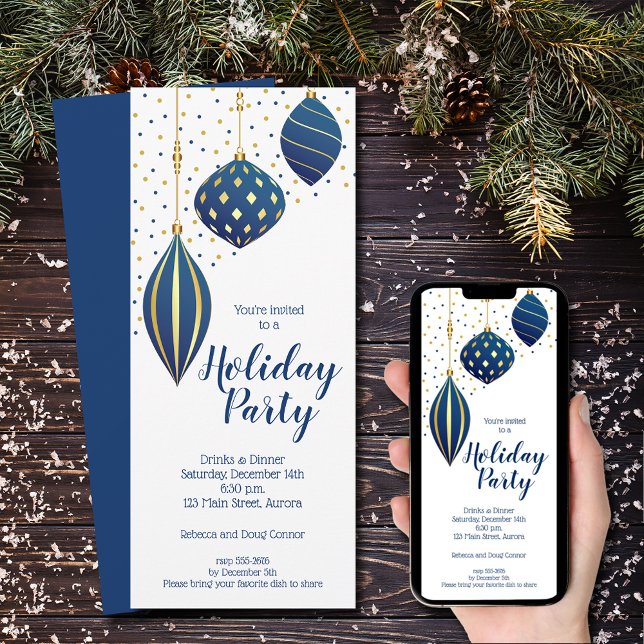 Helgdag Blue Guld jul Ornaments Inbjudningar (Blue and gold Christmas tree ornaments holiday party invitations)