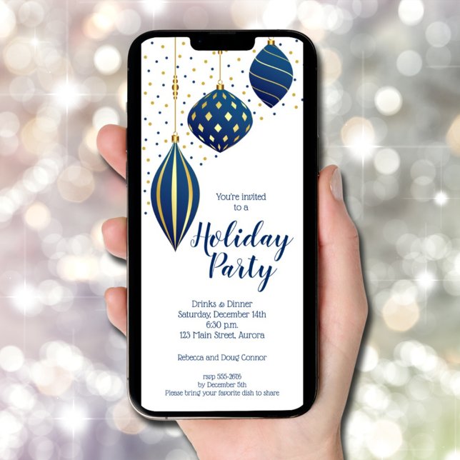Helgdag Blue Guld jul Ornaments Inbjudningar (Blue Gold Christmas Ornaments Holiday Invitations - INSTANT DOWNLOAD and/or PRINTED)