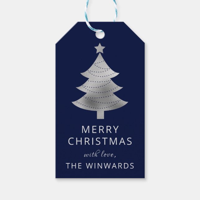 Helgdag Blue och Silver Foil Julgran Presentetikett (Framsidan)