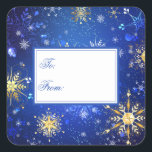 Helgdag Blue Snöflingor Julafton jul, Guld,  Fyrkantigt Klistermärke<br><div class="desc">Elegant guld och märkre med blåsnöflingor för alla julklappar. Bara en underbar unik färg och guld mönster. 100 % kundtillfredsställelse vid Zazzle.</div>