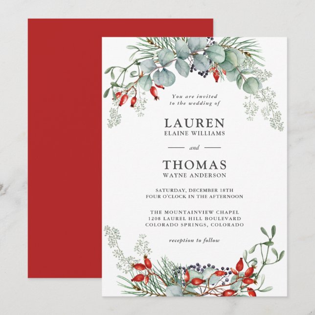 Helgdag Botanical Grey och Berries Bröllop Inbjudningar (Fram/baksida)