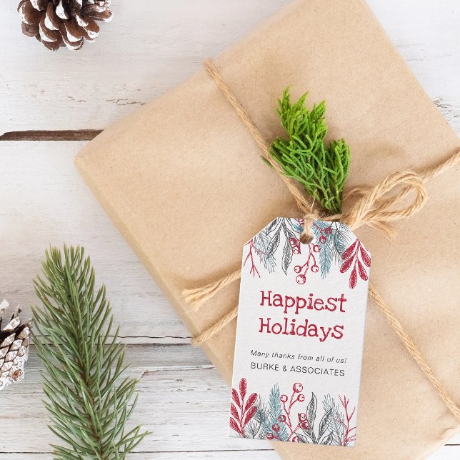 Helgdag Botanical Grey Personlig Business Presentetikett (Holiday Botanical Greenery Personalized Business Gift Tags)