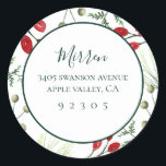 Helgdag Botanisk Returadress Round Sticker Runt Klistermärke<br><div class="desc">Vinterborst,  grenar och bär,  personlig returadress-dekal. Teckensnittet stil och färg (visas i grönten emerald) kan anpassas. Designad för att matcha vår Adorned Helgdag Botanical Collection.</div>
