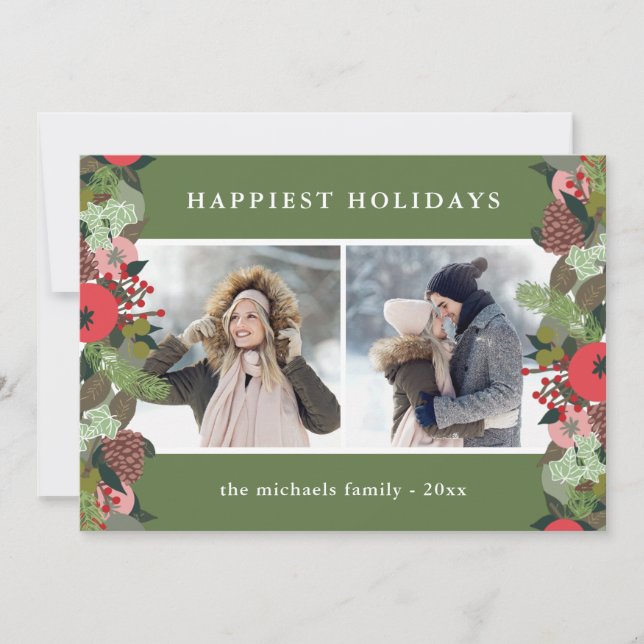 Helgdag botaniska Grönten jul två foto Julkort (Framsida)