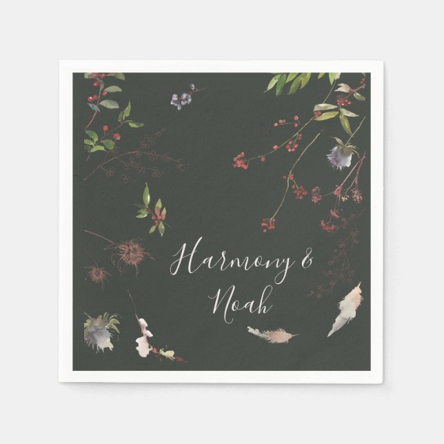 Helgdag Botaniska Mörk grönt Bröllop Napkins Pappersservett (Framsidan)