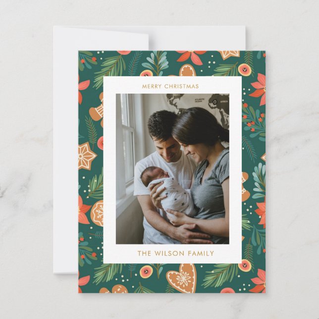 Helgdag Botaniskt gingerbröd Cute Chrismas Photo Julkort (Framsida)