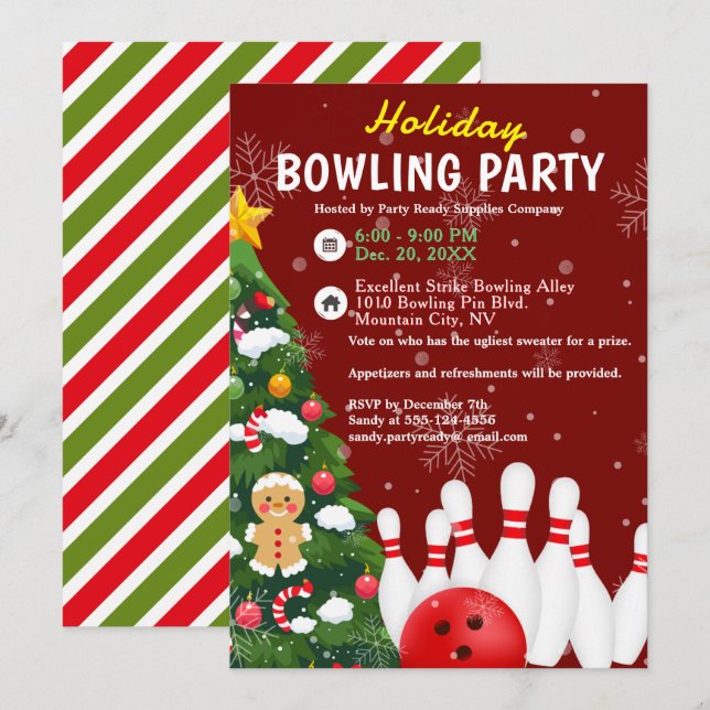 Helgdag Bowling Party Julafton Träd Röda bakgrunde Inbjudningar (Fram/baksida)