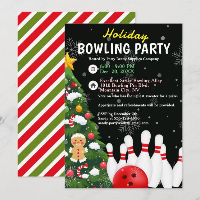 Helgdag Bowling Party Julafton Träd Svartbotten Inbjudningar (Fram/baksida)