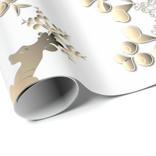 Helgdag Bronzy Reindeer Snöflingor på White Presentpapper (Rullad Hörn)