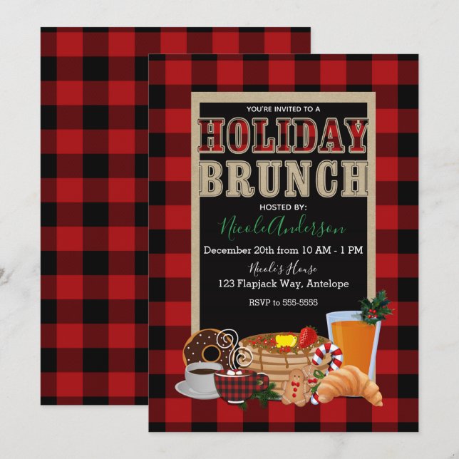 Helgdag Brunch Rustic Red Black Buffalo Play Inbjudningar (Fram/baksida)