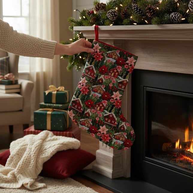 Helgdag Cabin-Blommigten Faux Embroidery Liten Julstrumpa (Skapare uppladdad)