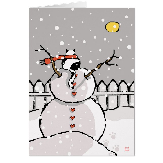 Helgdag Cat Sitta på Snögubbe Snowy Natt Hälsningskort (Framsidan)