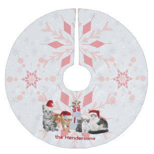 Helgdag Cats Anpassningsbar Red and Rosa Snowflake Julgransmatta Borstad Polyester
