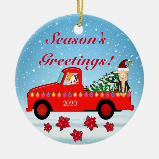 Helgdag Cats får en Julgran i en röd Lastbil Julgransprydnad Keramik (Framsidan)