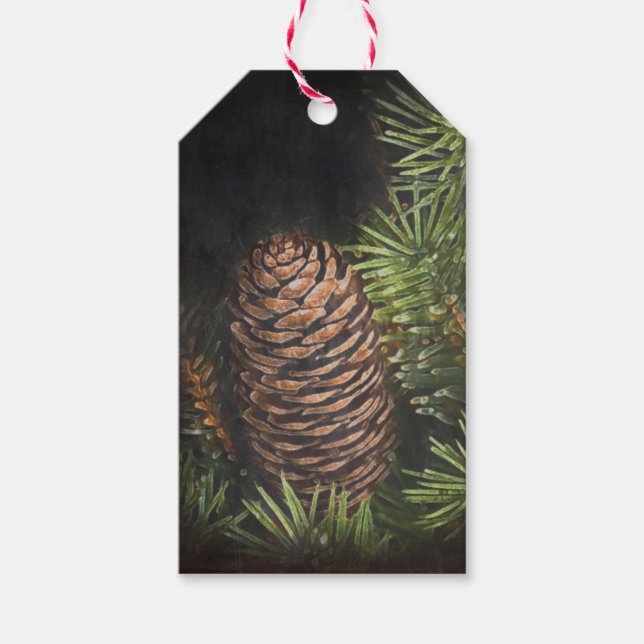 Helgdag Chalk Drawn Pinecone och Gräs Nål Presentetikett (Framsidan)