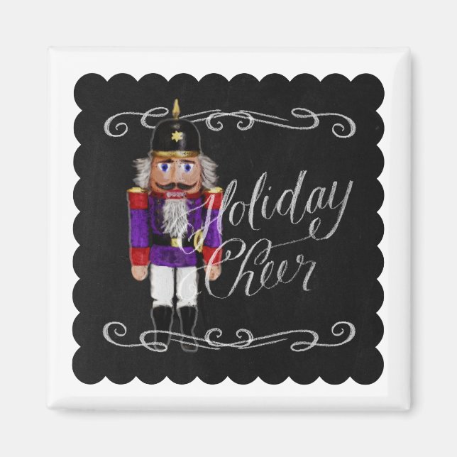 Helgdag Cheer Chalkboard Lila och Red Nutcracker Magnet (Framsidan)