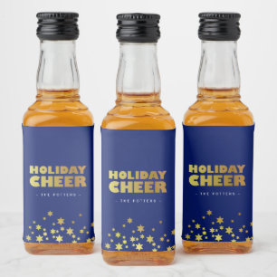 Helgdag Cheer   Roligt Julblått och Guld Spritflaskor Etikett