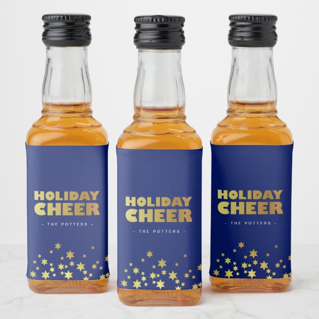 Helgdag Cheer | Roligt Julblått och Guld Spritflaskor Etikett (Flaskor)