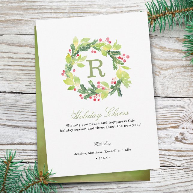Helgdag Cheers Monogram-Helgdag för krans Julkort (Holiday Cheers Wreath Monogram Holiday Card)