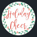 Helgdag Chein i Red and Grönt Julkrans Runt Klistermärke<br><div class="desc">Boho Chic stil. Utandning av grönt med röda bär på vitt. Populärt skriptteckensnitt i röda spådomar ut Helgdag Cheer.</div>