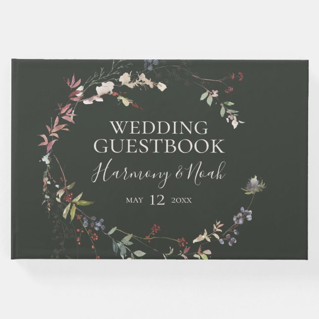 Helgdag Chic botaniskt | MÖRK GRÖNT BRÖLLOP Gästböcker (Framsida)