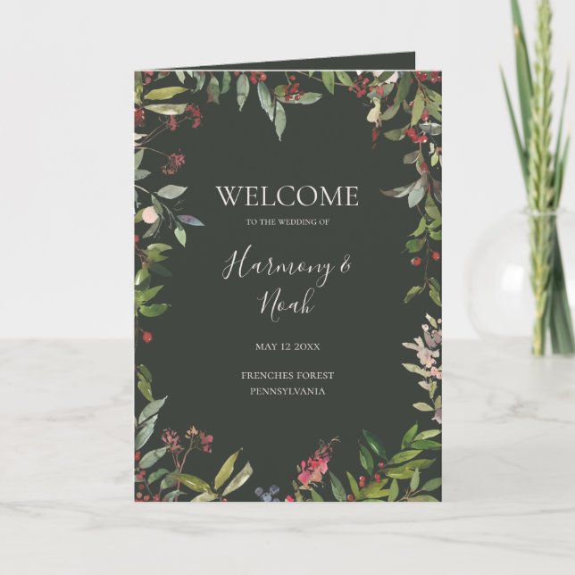 Helgdag Chic botaniskt | Mörk grönt mappat Bröllop Program (Framsida)