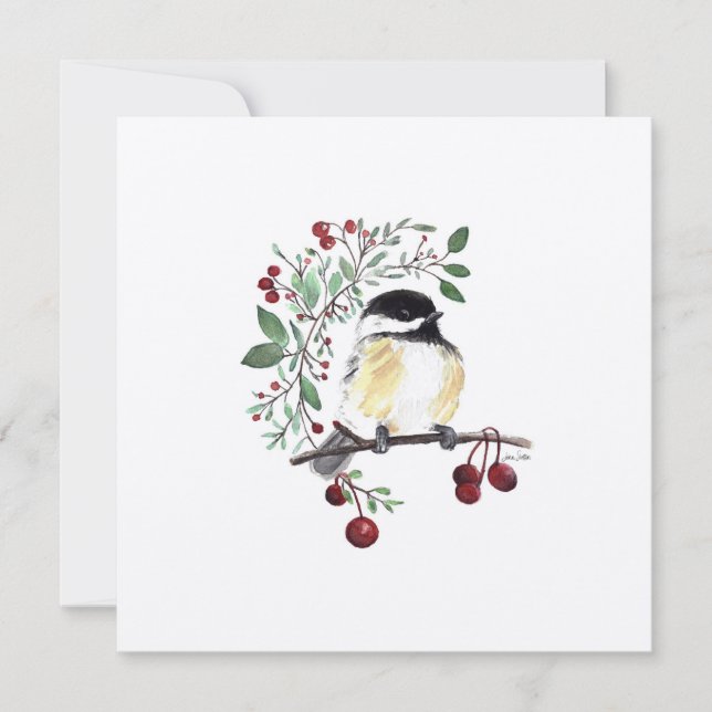 Helgdag Chickadee Songbird Watercolor Fine Art Julkort (Framsida)