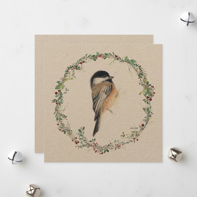Helgdag Chickadee Watercolor Painting Julkort (Holiday Chickadee Watercolor Painting from Jenn's Emporium.)
