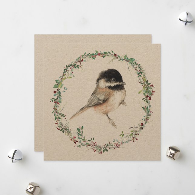 Helgdag Chickadee Watercolor Painting Julkort (Skapare uppladdad)