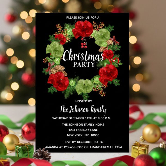 Helgdag CHRISTMAS PARTY WANAN Black White Inbjudningar (Holiday CHRISTMAS PARTY Wreath Black Red White Invitation)