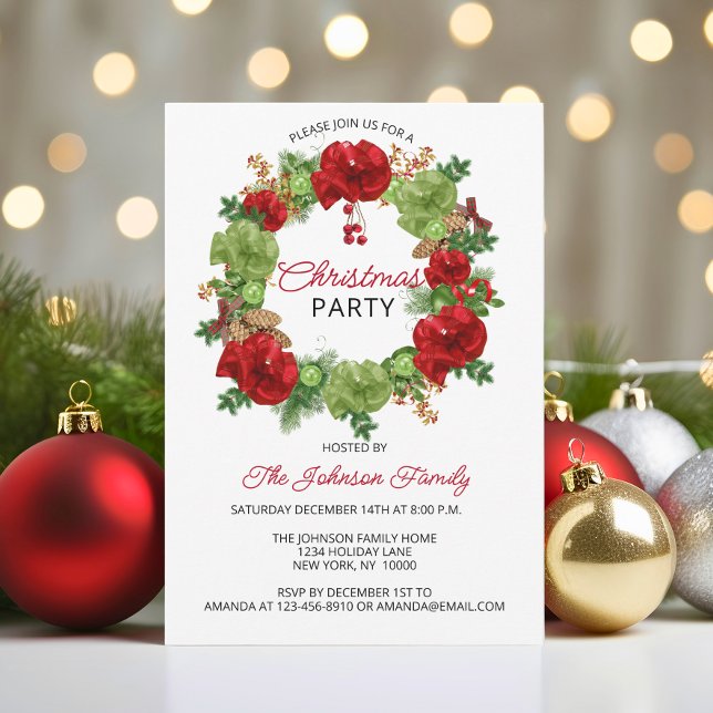 Helgdag CHRISTMAS PARTY WANAN Red Grönt Inbjudningar (Holiday CHRISTMAS PARTY Wreath White Red Green Invitation)