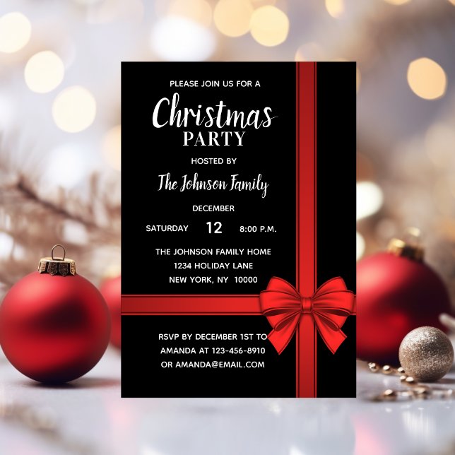 Helgdag CHRISTMAS PARTY White Red Black Bow Inbjudningar (Holiday CHRISTMAS PARTY White Red Black Bow Invitation)