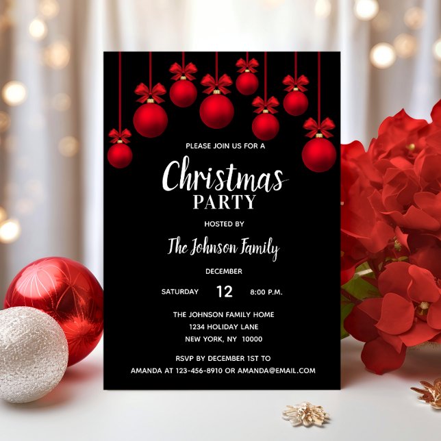 Helgdag CHRISTMAS PARTY White Red Black Ornaments Inbjudningar (Holiday CHRISTMAS PARTY White Red Black Ornaments Invitation)