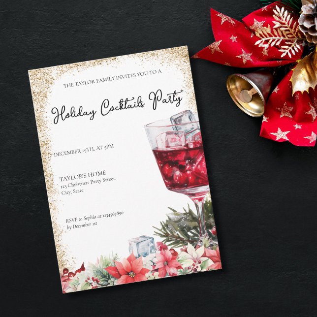 Helgdag Cocktails Festive Drinks jul Party Inbjudningar (elegant watercolor christmas red cocktail with gold glitter frame party or dinner invitation)